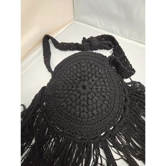 Handmade Crochet macrame Black Fringe Bohemian Shoulder Bag boho cottage biker - Picture 7 of 8